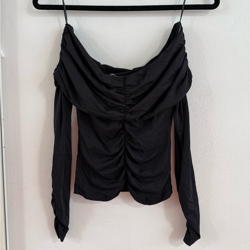 Zara Black Ruched Off-Shoulder Long Sleeve Blouse